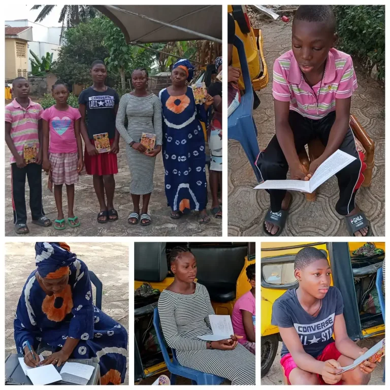 Collage of a community reading event with children, teenagers and an adult woman reading, writing, and holding books outdoors.
