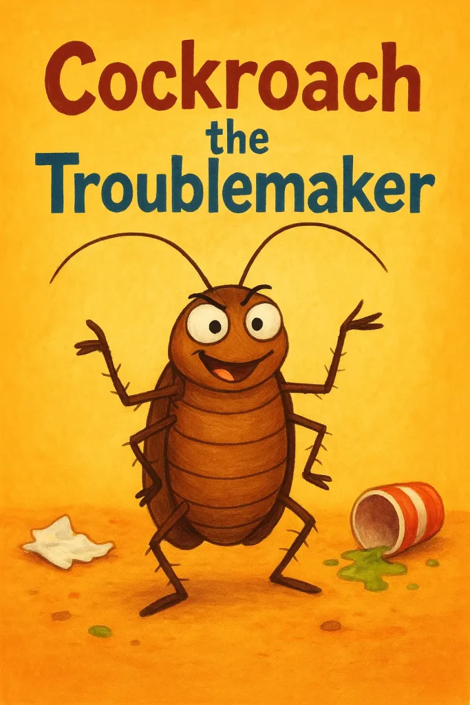 Illustrated book cover showing a mischievous cartoon cockroach smiling with spilled juice and trash around it.