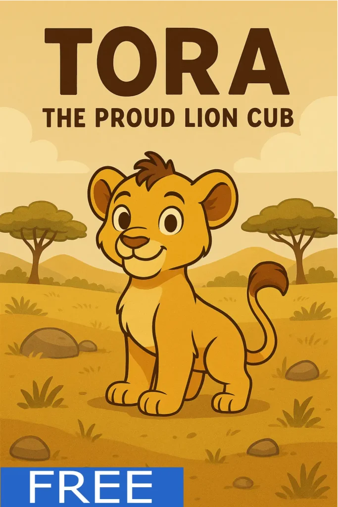 Alt text: Smiling lion cub standing proudly in a sunny savanna.