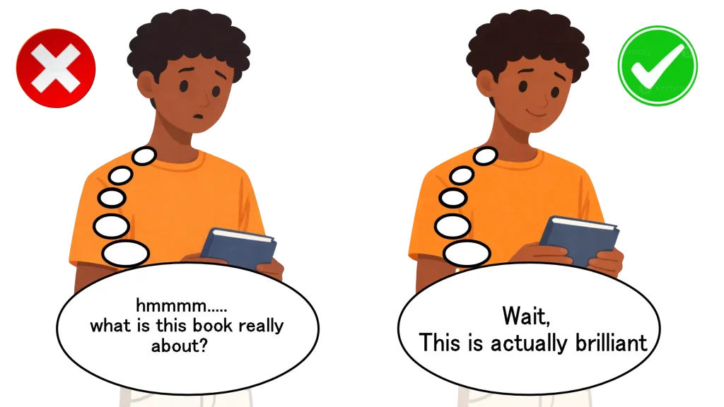 A boy in a 3/4 view studies a book's cover design.
